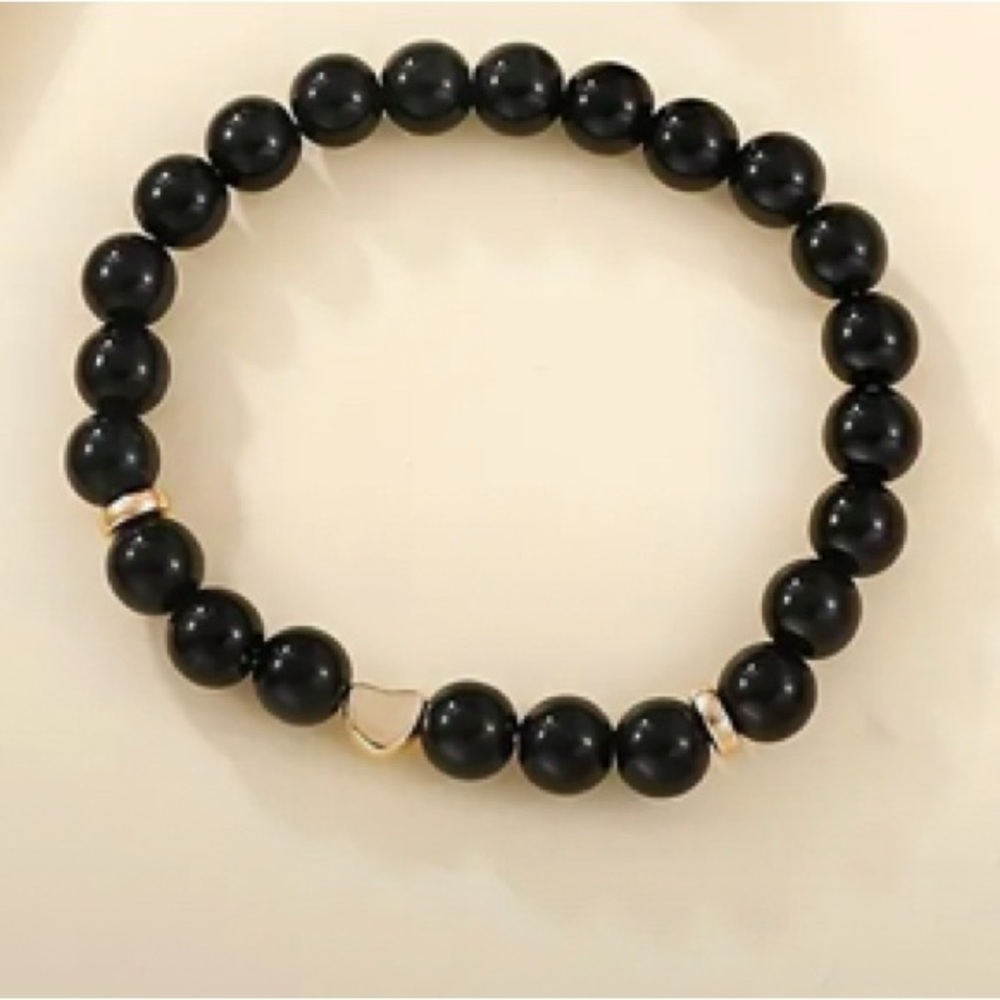 Black Gold Beaded Heart Charm Handmade Bracelet